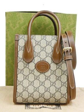 GUCCI Interlocking G Logo GG Mini 2Way Hand Bag Supreme Leather Brown 600RQ182
